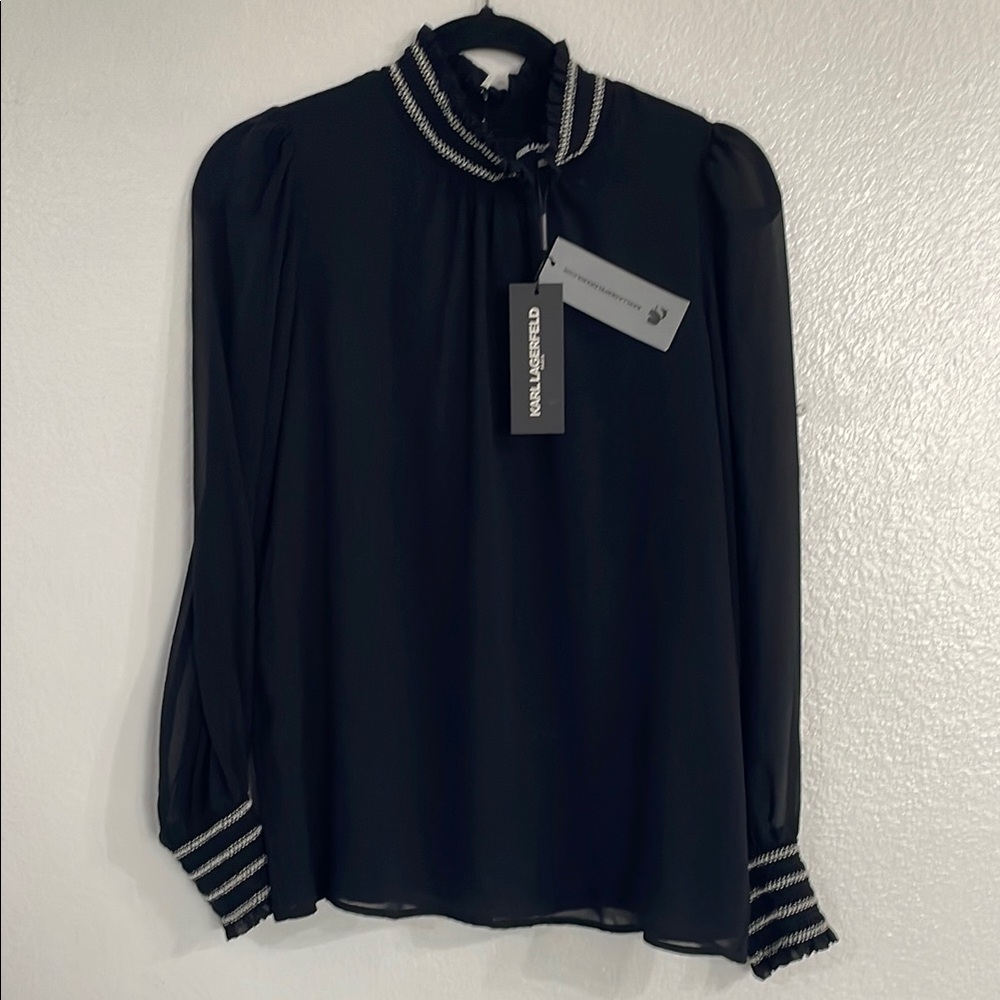 KARL LAGERFELD Black Ruffled Bib Collar Blouse - Picture 2 of 7